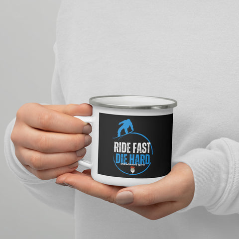 Snowboard Guru "Ride Fast Die Hard" Enamel Camping Mug